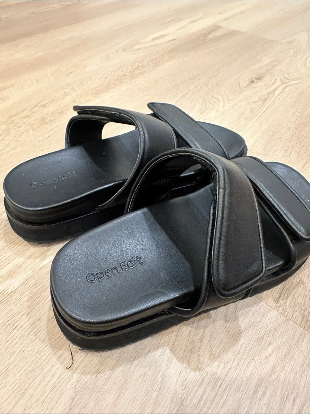 Open Edit Black Double-Strap Slide Sandals